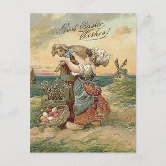 小さな女の子の風車のイースターエッグの子ヒツジ シーズンポストカード (正面)
