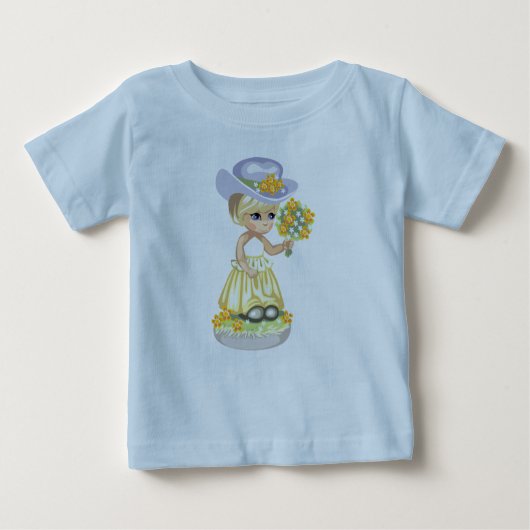 小さな女の子の黄色のイースタードレスの花を保持 ベビーTシャツ (正面)
