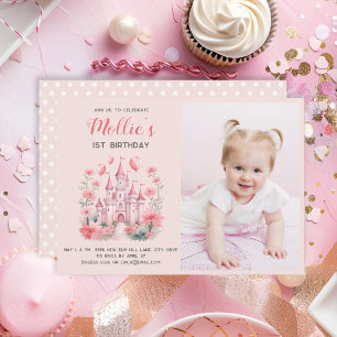 小さな女の子の1歳の誕生日 ピンクの城の写真 招待状