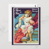 小さな女の子はお茶を飲んでいる、ヴィンテージアート ポストカード (正面/裏面)