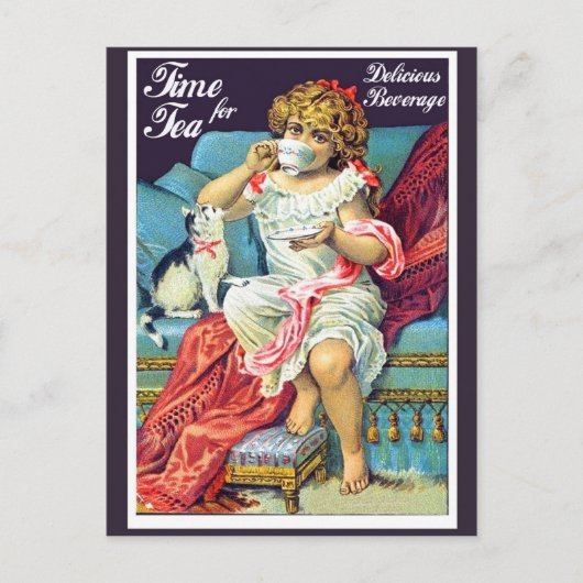 小さな女の子はお茶を飲んでいる、ヴィンテージアート ポストカード (正面)