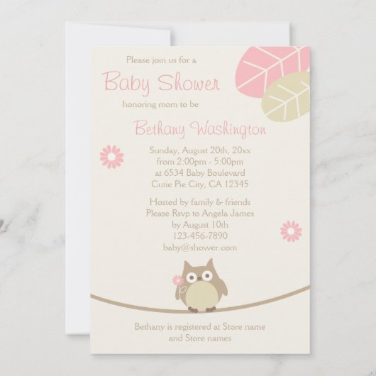 小さな女の子はやじり声フクロウのベビーシャワーです 招待状 (裏面)