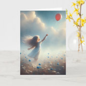 小さな女の子は赤考え気球の カード (黄色い花)