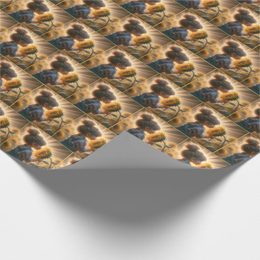 小さな女の子ひまわり白熱［赤熱］光を放つ付き ラッピングペーパー (角)