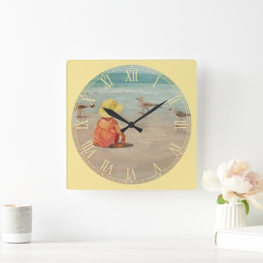 小さな女の子アットビーチファインアートローマ数字 スクエア壁時計 (ホーム)
