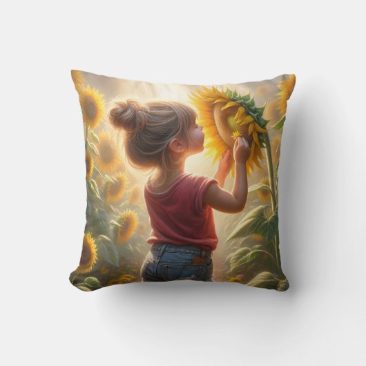 小さな女の子インひまわり畑 クッション (正面)