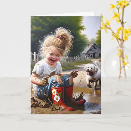 小さな女の子インザマッドパドル誕生日 カード (黄色い花)