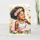 小さな女の子インピンク花パーソナライズされた誕生日 カード (正面)