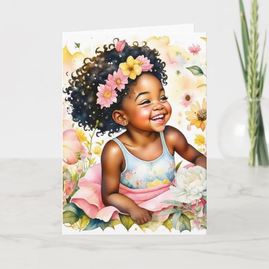 小さな女の子インピンク花パーソナライズされた誕生日 カード (正面)