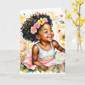 小さな女の子インピンク花パーソナライズされた誕生日 カード (黄色い花)