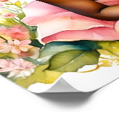 小さな女の子インピンク花水彩画 ポスター (角)