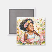 小さな女の子インピンク花水彩画 マグネット (正面/裏面)