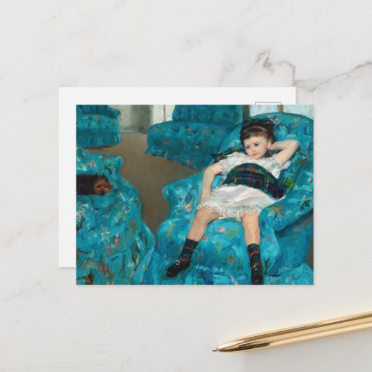 小さな女の子インブルーアームチェアバイマリアクサット シーズンポストカード (正面/裏面インサイチュ)