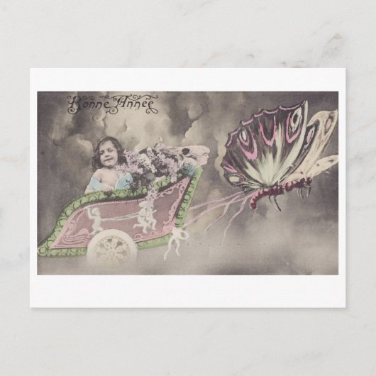 小さな女の子イン蝶チャリオットヴィンテージ葉書 ポストカード (正面)