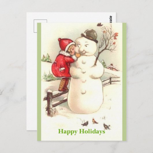 小さな女の子ウィスパリング雪だるまハッピーホリデイズ ポストカード (正面/裏面)