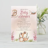 小さな女の子ウッドランド動物ディアフクロウ赤ちゃんシャワー 招待状 (スタンド正面)