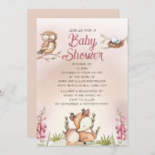 小さな女の子ウッドランド動物ディアフクロウ赤ちゃんシャワー 招待状 (正面/裏面)