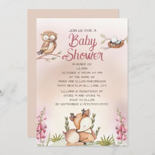 小さな女の子ウッドランド動物ディアフクロウ赤ちゃんシャワー 招待状 (正面/裏面)