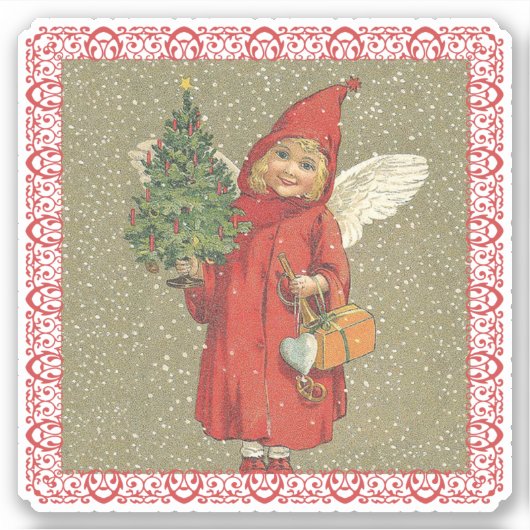 小さな女の子エンジェルビクトリアンクリスマスツリースノー シール (正面)