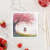 小さな女の子オンさくらんぼツリースイング スタンダードカクテルナプキン (インサイチュ)