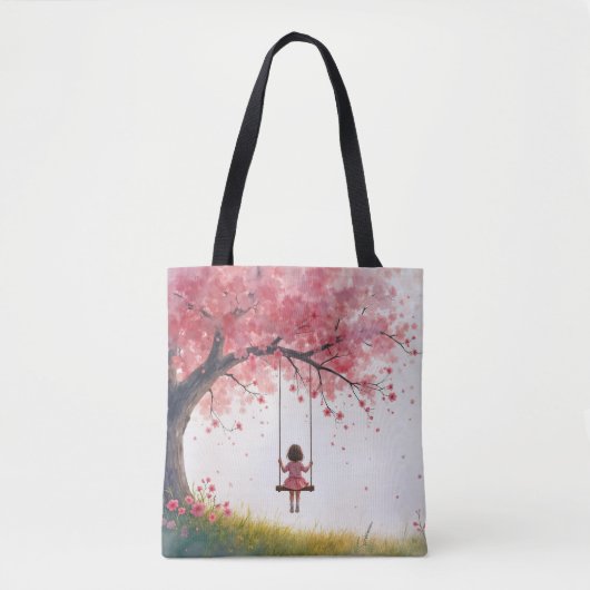 小さな女の子オンさくらんぼツリースイング トートバッグ (正面)