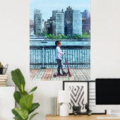 小さな女の子オンスクーターバイマンハッタンスカイライン ポスター (ホームオフィス)