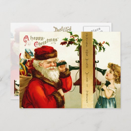 小さな女の子オン電話とサンタクロース シーズンポストカード (正面/裏面)