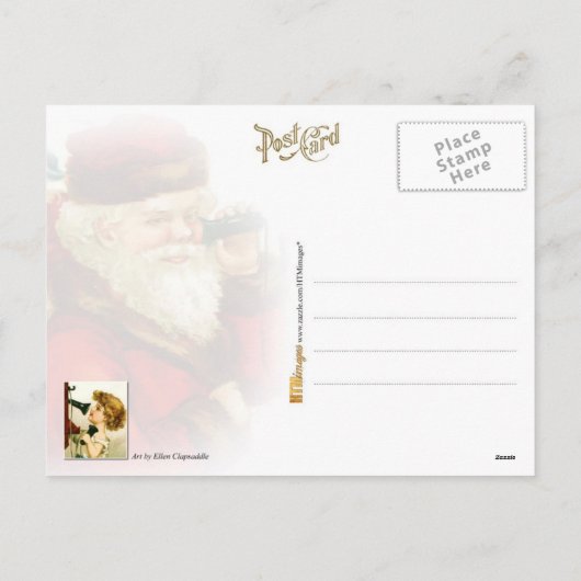 小さな女の子オン電話とサンタクロース シーズンポストカード (裏面)