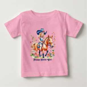 小さな女の子オン馬と花ハッピーホースガール ベビーTシャツ