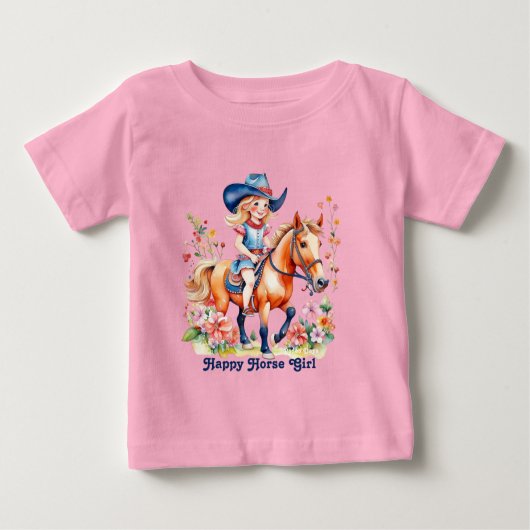 小さな女の子オン馬と花ハッピーホースガール ベビーTシャツ (正面)