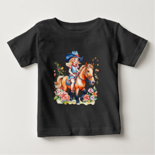 小さな女の子オン馬と花 ベビーTシャツ
