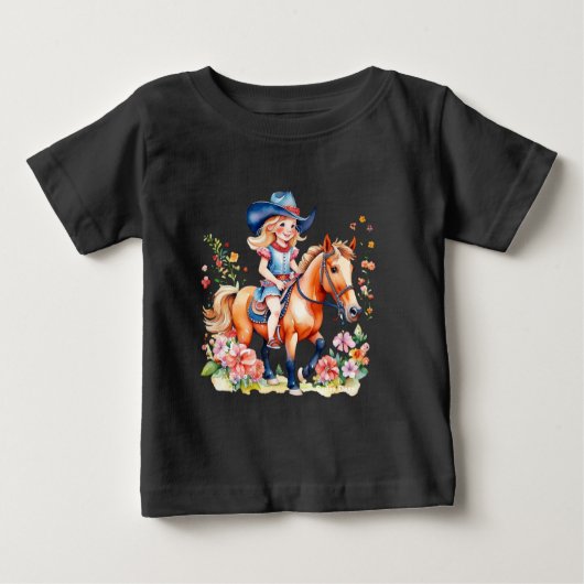 小さな女の子オン馬と花 ベビーTシャツ (正面)