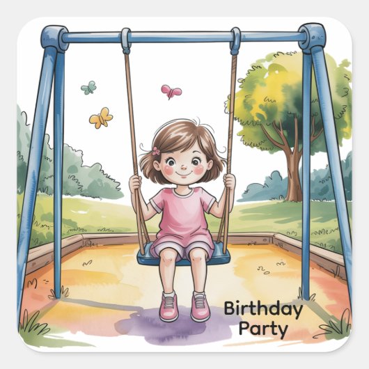 小さな女の子オン・スイング4th誕生日パーティー スクエアシール (正面)