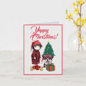 小さな女の子カスタムクリスマスカード付き可愛いコーギ犬 カード (黄色い花)