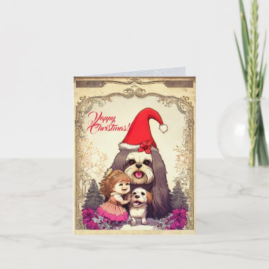 小さな女の子カスタムクリスマス付きキュートラサアプサドッグ カード (正面)