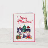 小さな女の子カスタムクリスマス付き可愛いパグ犬 カード (正面)