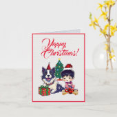 小さな女の子カスタムクリスマス付き可愛いパグ犬 カード (黄色い花)