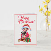 小さな女の子カスタムクリスマス付き可愛いパグ犬 カード (黄色い花)