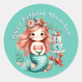 小さな女の子カスタムマーメイドバースデーパーティーティール（緑がかった色） ラウンドシール (正面)