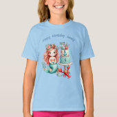 小さな女の子カスタムマーメイドバースデーパーティーティール（緑がかった色） Tシャツ (正面)