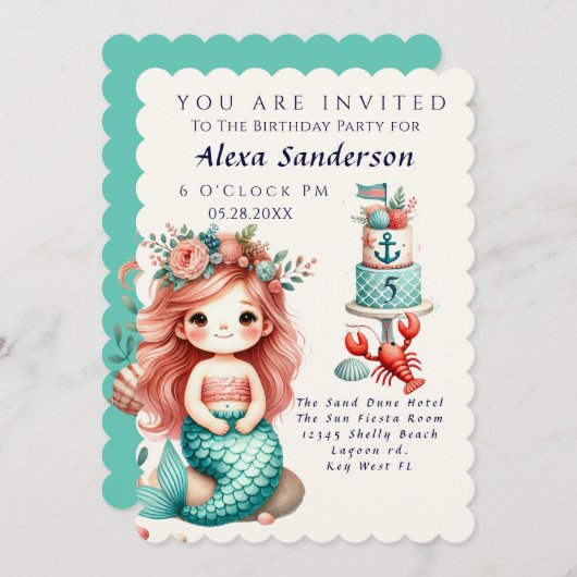 小さな女の子カスタムマーメイドバースデーパーティー招待状 招待状 (正面/裏面)