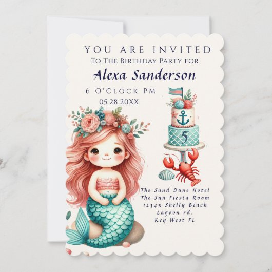 小さな女の子カスタムマーメイドバースデーパーティー招待状 招待状 (正面)