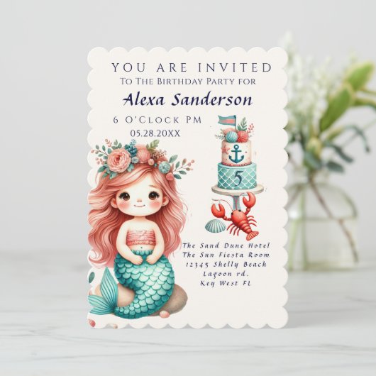 小さな女の子カスタムマーメイドバースデーパーティー招待状 招待状 (スタンド正面)