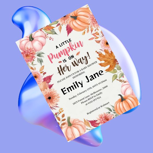 小さな女の子カボチャフローラの赤ちゃんシャワー 招待状