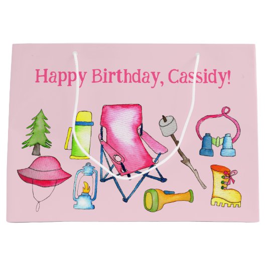 小さな女の子キャンピングをテーマパーソナライズされた ラージペーパーバッグ (正面)