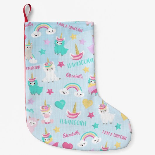 小さな女の子キュートラマコーンパステルパターン スモールクリスマスストッキング (正面)