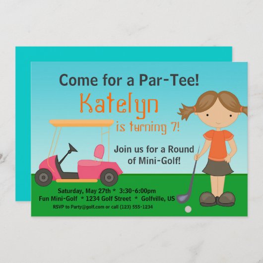 小さな女の子ゴルファーゴルフ誕生日パーティーの招待 招待状 (正面/裏面)