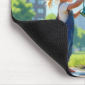 小さな女の子シティパークで木に水をやる マウスパッド (コーナー)