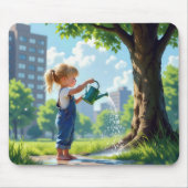 小さな女の子シティパークで木に水をやる マウスパッド (正面)