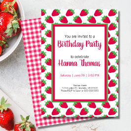 小さな女の子ストロベリーパターングリーンピンク誕生日 招待状
